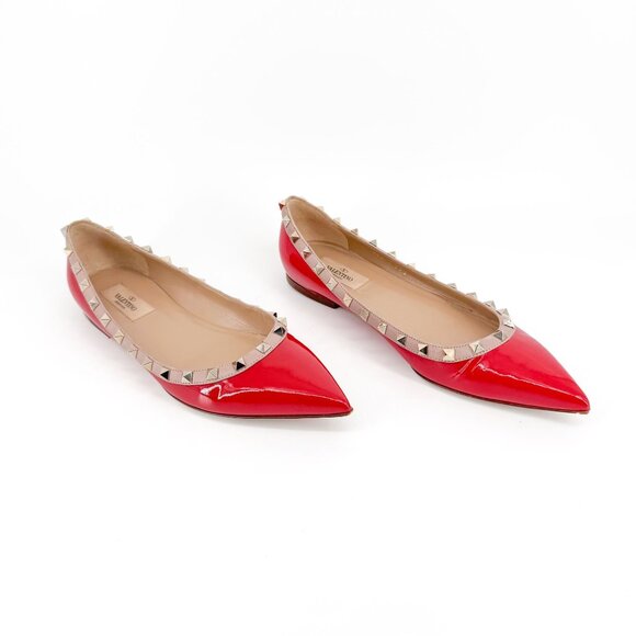 Valentino Garavani Rockstud Ballet Flats EU 39.5 US 9.5 Red Patent Pointed Spike - Picture 1 of 14